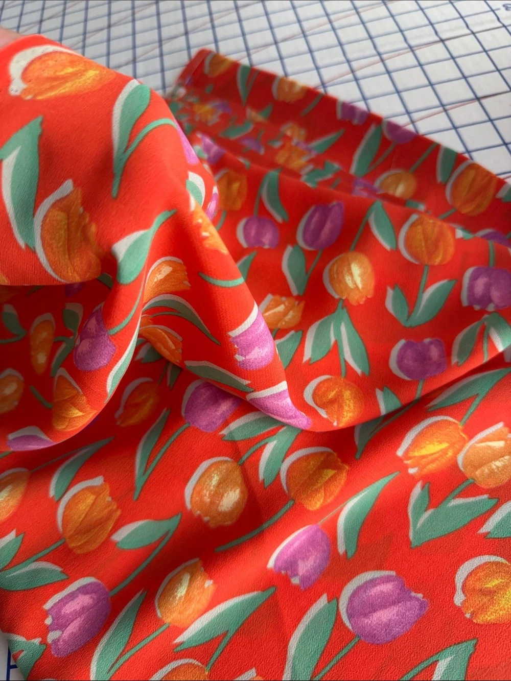 Vintage John Kaldor Fabric 3 Yds Tulip Floral Orange/Red Crepe Semi Sheer 44”